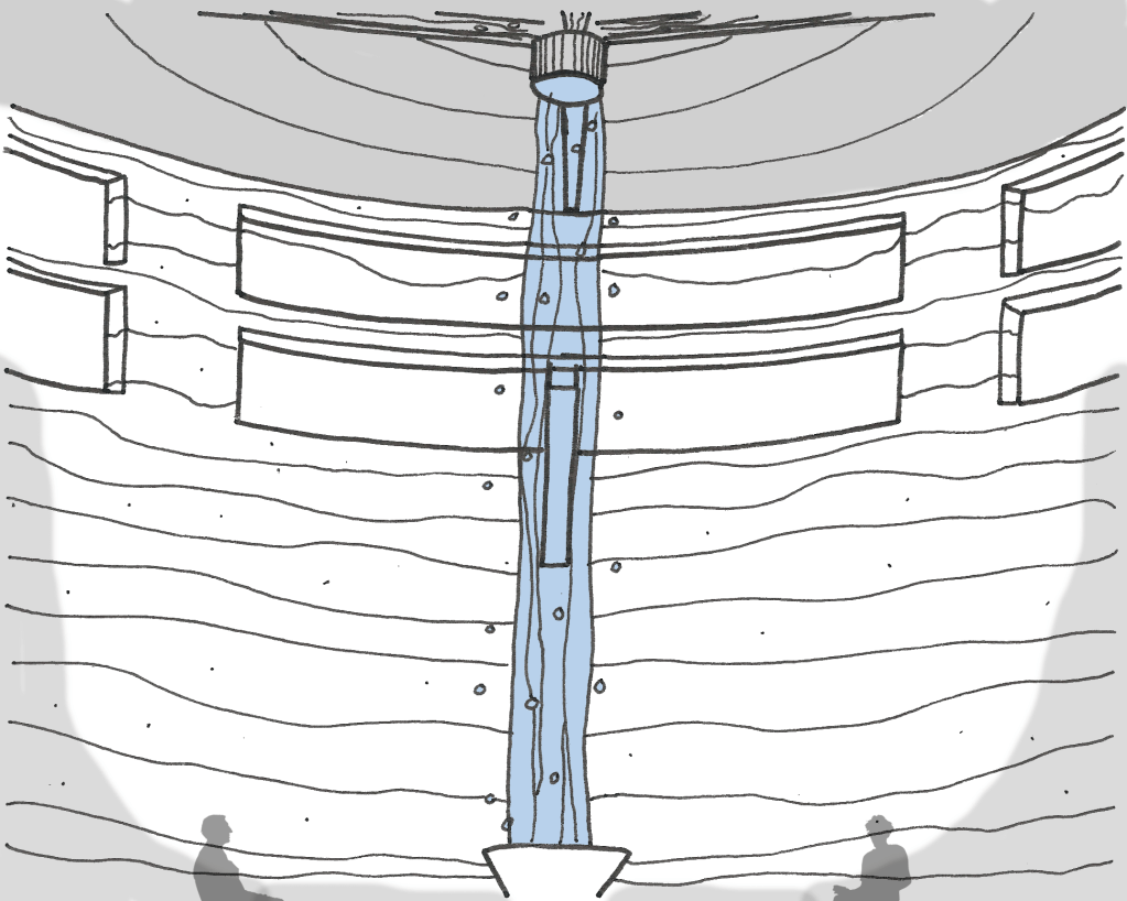 A sketch in pen depicting water flowing from the roof into the funnel in the center of the gathering space.