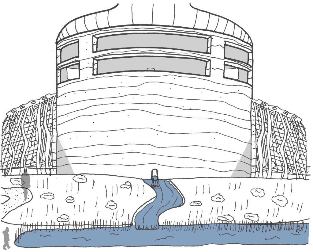 A sketch in pen depicting water flowing out of the bottom of the gathering space into a drainage channel and then into a pond. The trellis which hardy kiwi vines grow upon is also shown.