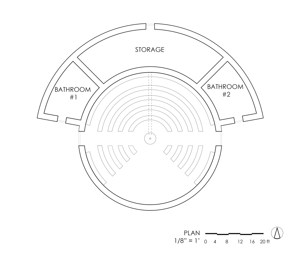 A simple digital plan view of the space. A central room with arced benches is bordered to the north by a storage room and two restrooms.