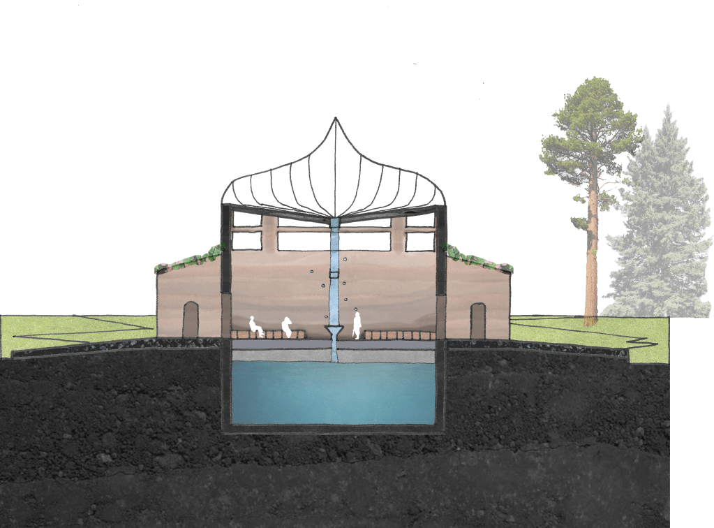 Another section of the site. This one highlights the outside wing of the gathering space, which is covered in hardy kiwi vines. A path zig-zags on either side up the lawn behind the space.