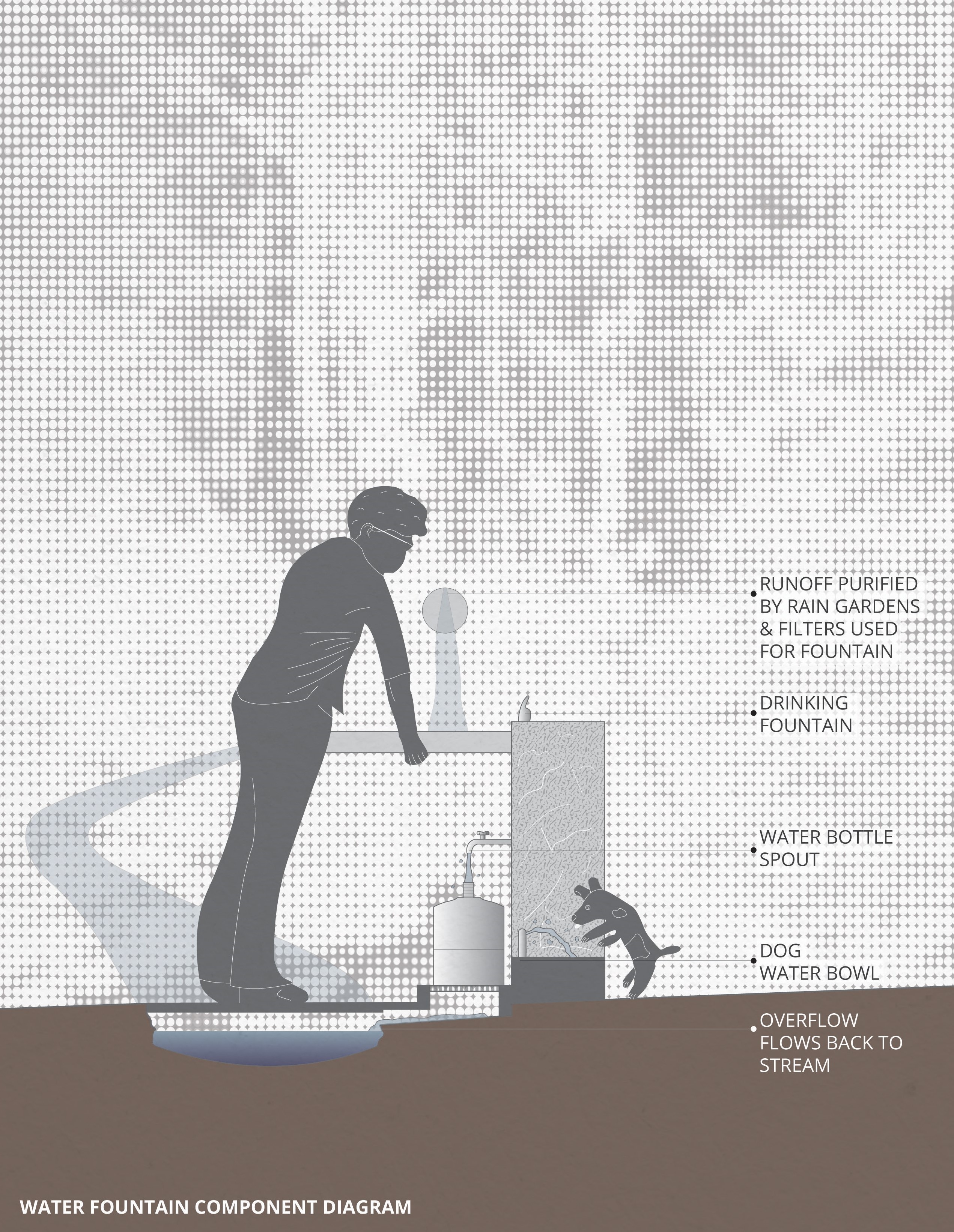 A section diagram depicting a water fountain with a stream in the background flowing toward the section cut. The water fountain overflow flows into the stream. The water fountain has labels for its different elements: "Drinking fountain", "water bottle spout", "dog water bowl." Labels at the top and bottom note that "runoff purified by rain gardens & filters used for fountain" and "overflow flows back to stream". The diagram has a forested background made of half-tone dots and is in a sleek style, made in Adobe Illustrator. 