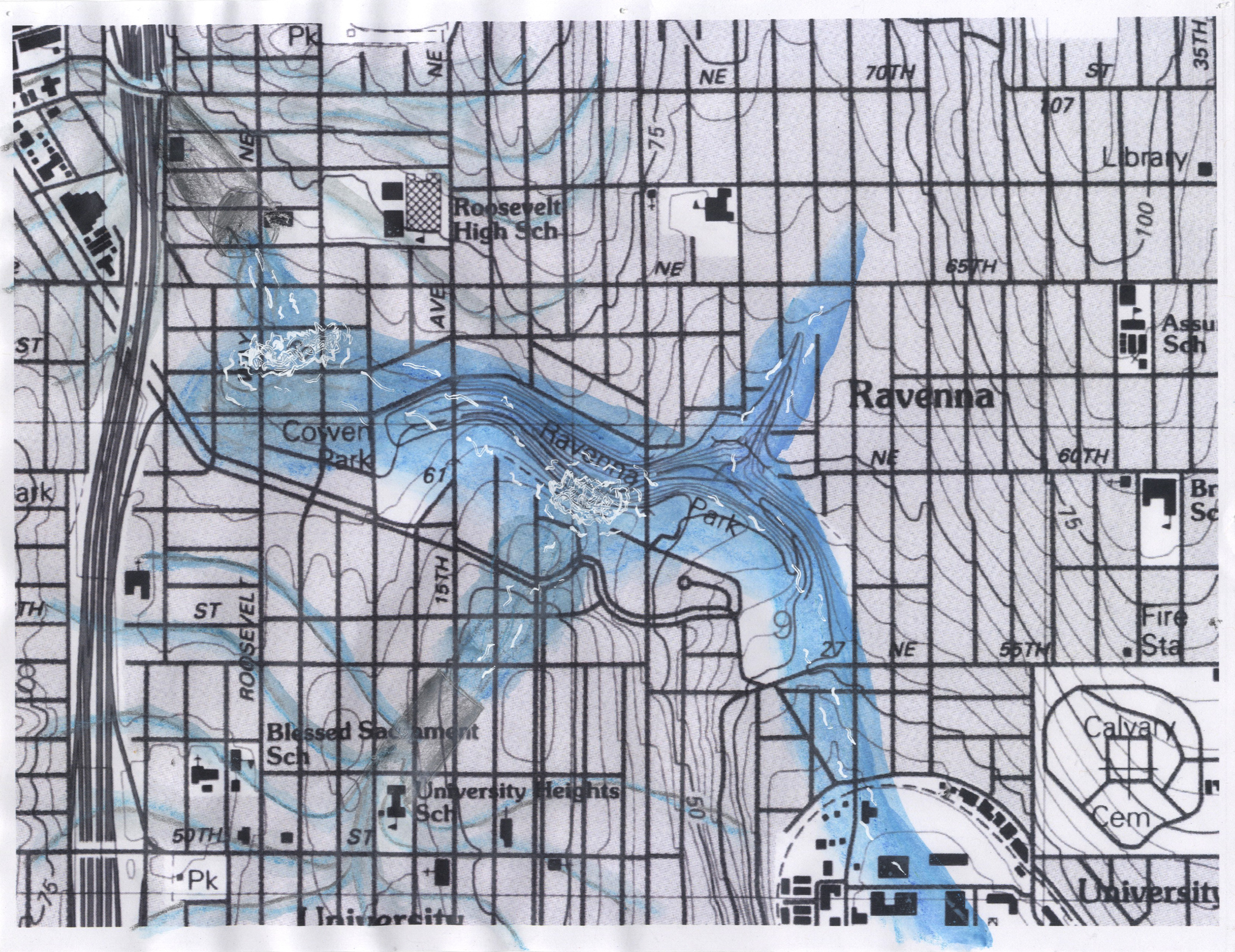 A printed map of the Ravenna area drawn area with watercolor pencil, pencil, and gel pen. A watercolor pencil stream stretches through Ravenna Park, and streams of water flow into culverts and dump into the creek in the center of Ravenna Park. 
