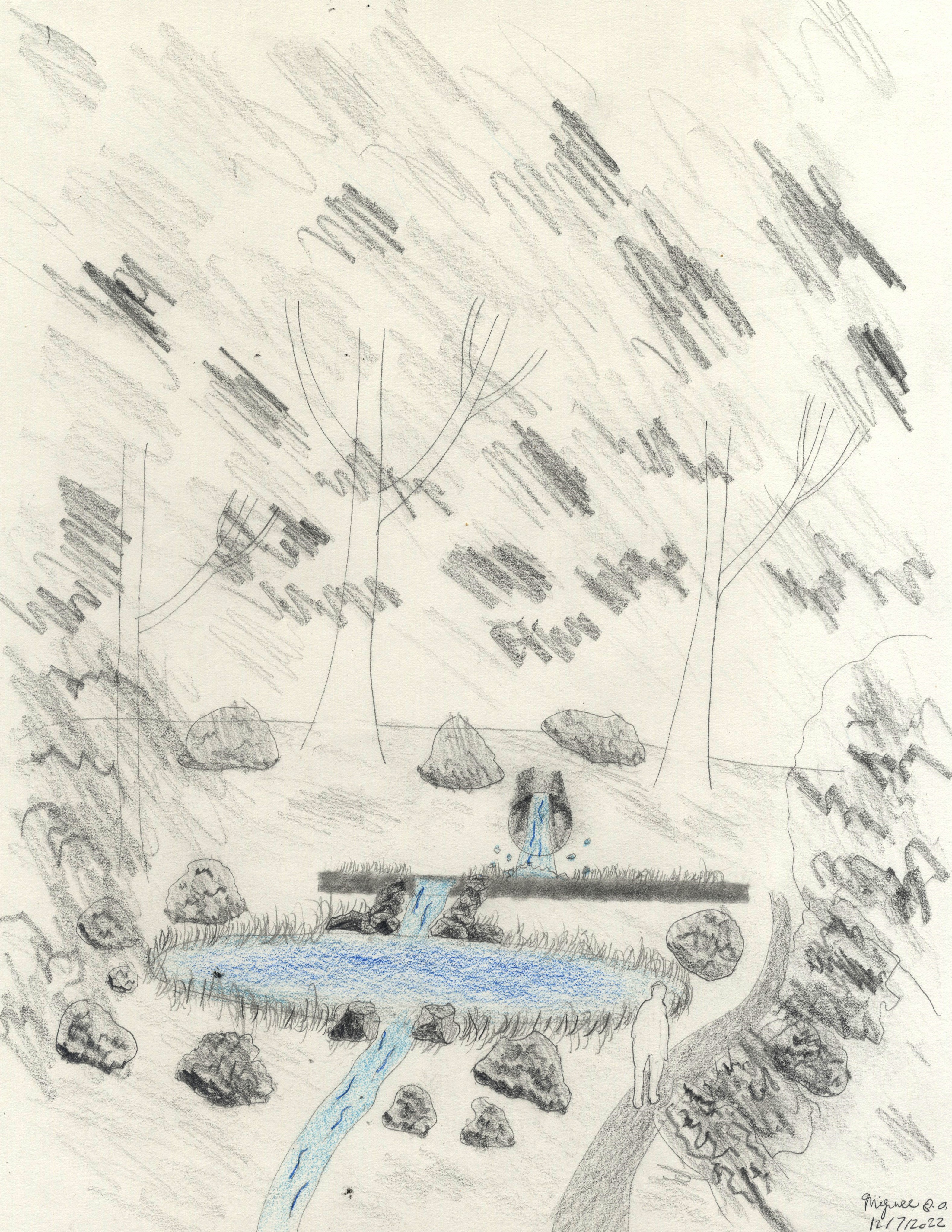 A perspective showing someone walking on a path beside a pond and a concrete rain garden with water pouring out of a culvert into it. Bushes and trees are around the scene and in the background. The drawing is in black and white pencil except for the water, which is drawn in blue colored pencil. 