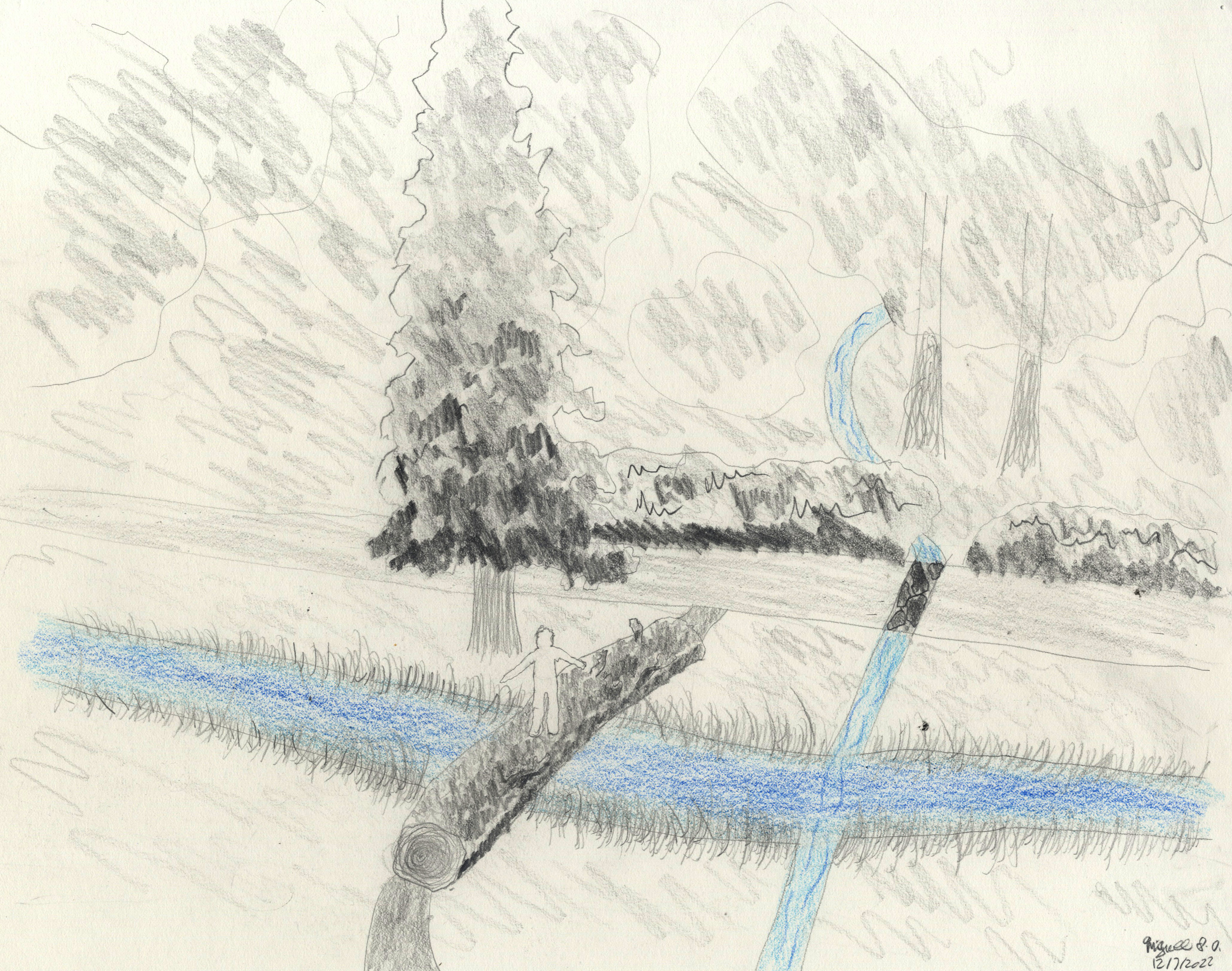 A perspective showing a blue stream with a child standing on a log over the stream. A thinner stream flows under a small stone overpass and over to the stream. An evergreen stream grows next to the log over the stream. Bushes and trees are in the background. The drawing is black and white pencil except for colored pencil for the water. 
