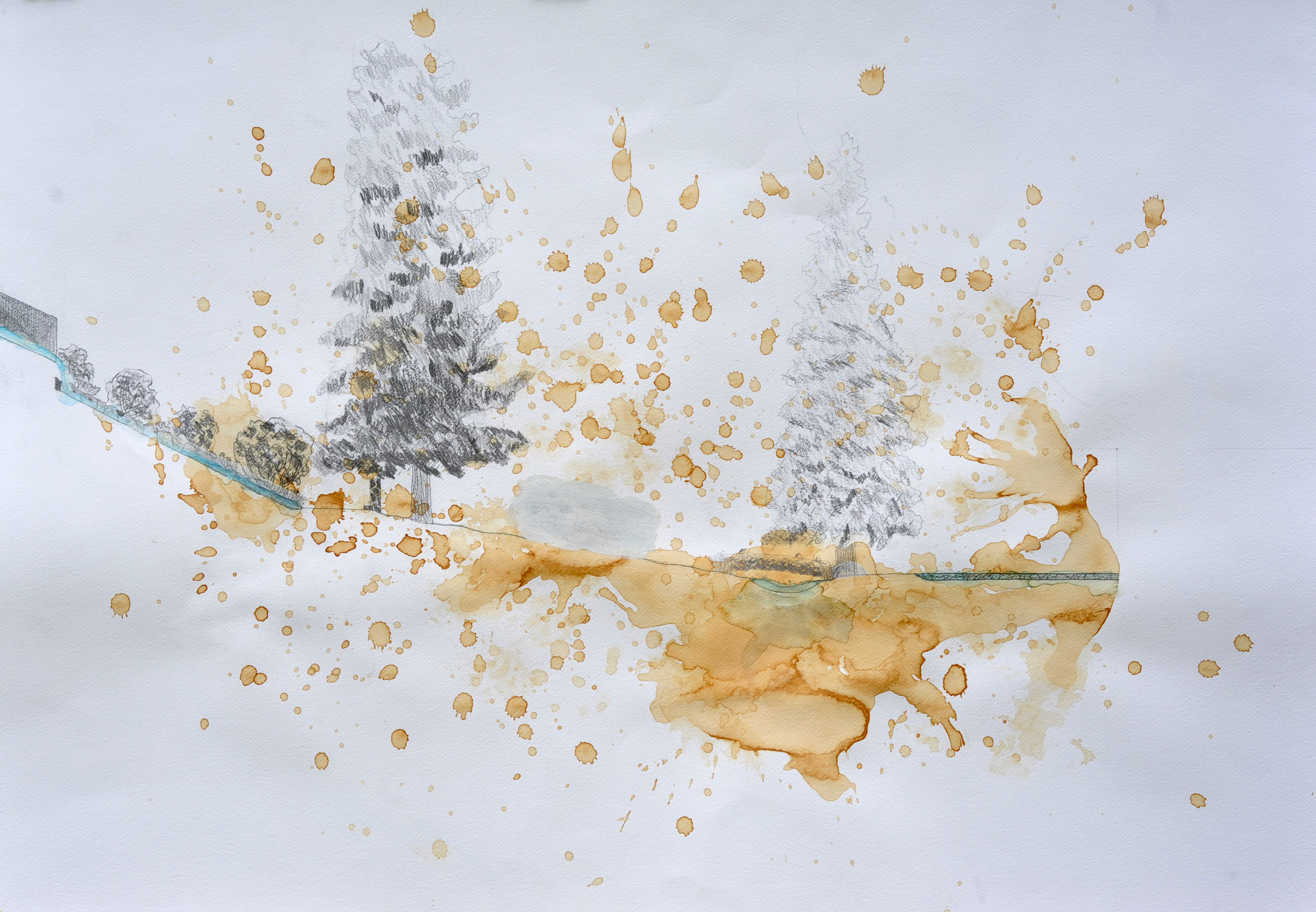 A section drawing made with watercolor pencil, and brown stains. From left to right, the drawing depicts a stream flowing out of a concrete pipe with vegetation in the background, a path, a water fountain, a large evergreen tree, a log over a stream, another evergreen tree, and more of the stream. 